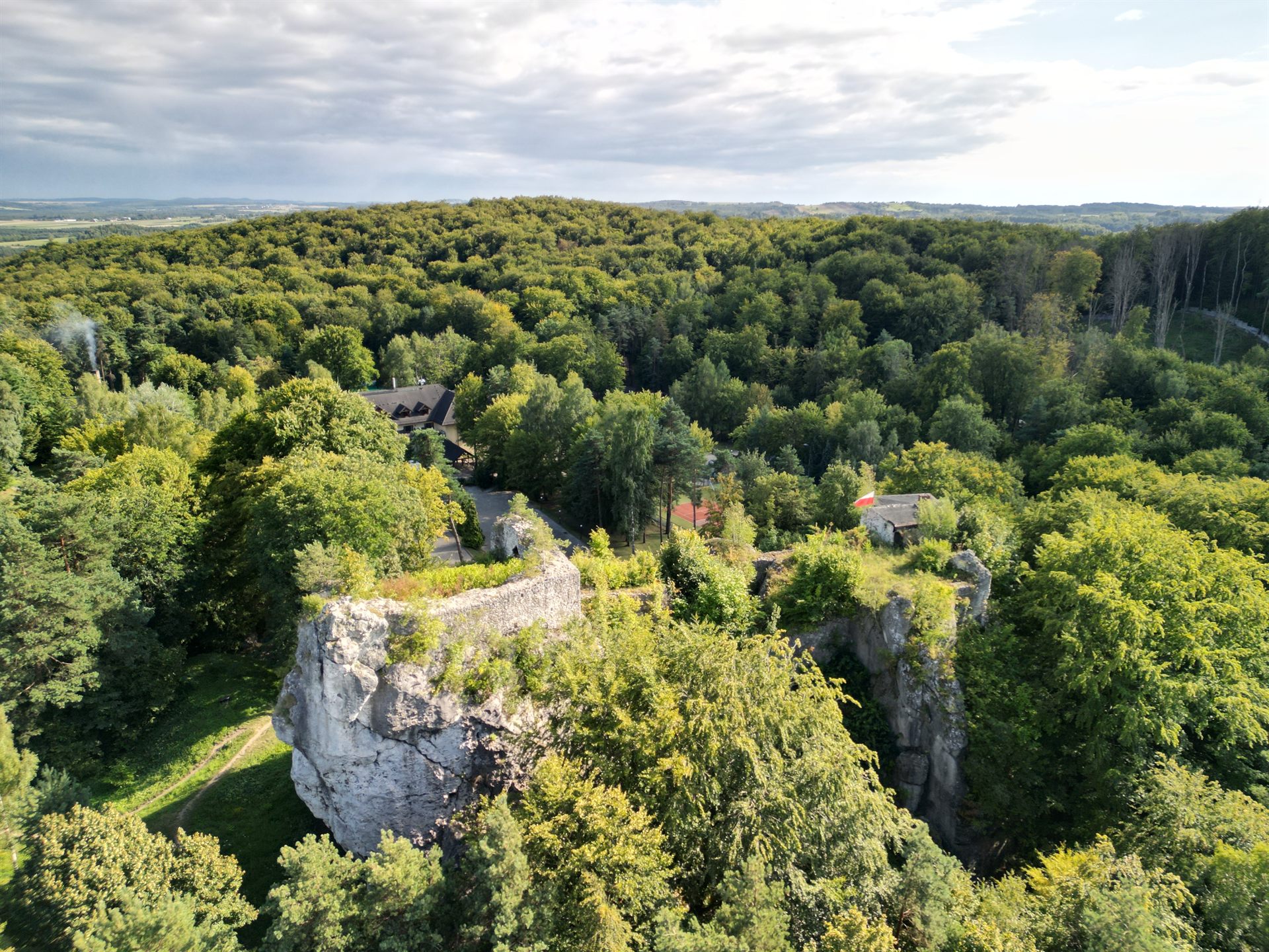 Wapienna skała z fragmentami murów na szczycie, otoczona gęstym zielonym lasem i polską flagą